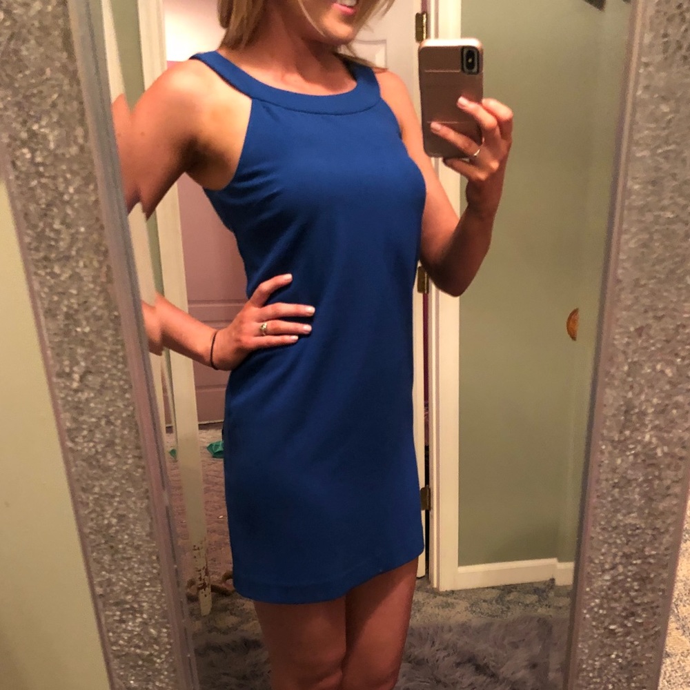 Blue dress with black tie in back